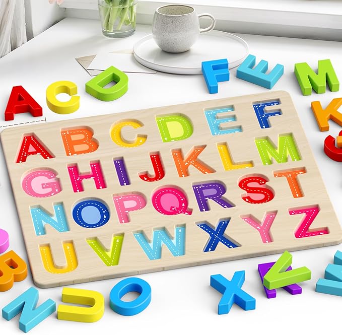 Wooden Alphabet Puzzle – ABC Learning Board for Toddlers, Preschool Educational Toy for Kids Ages 2–4