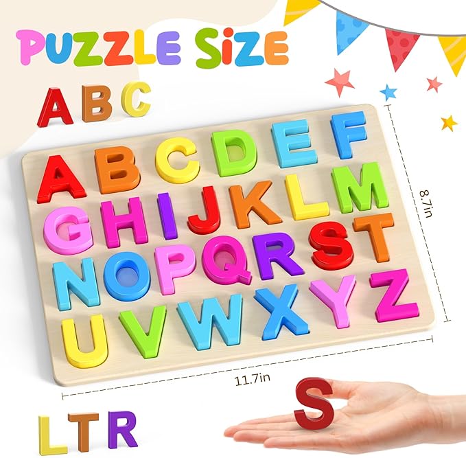 Wooden Alphabet Puzzle – ABC Learning Board for Toddlers, Preschool Educational Toy for Kids Ages 2–4