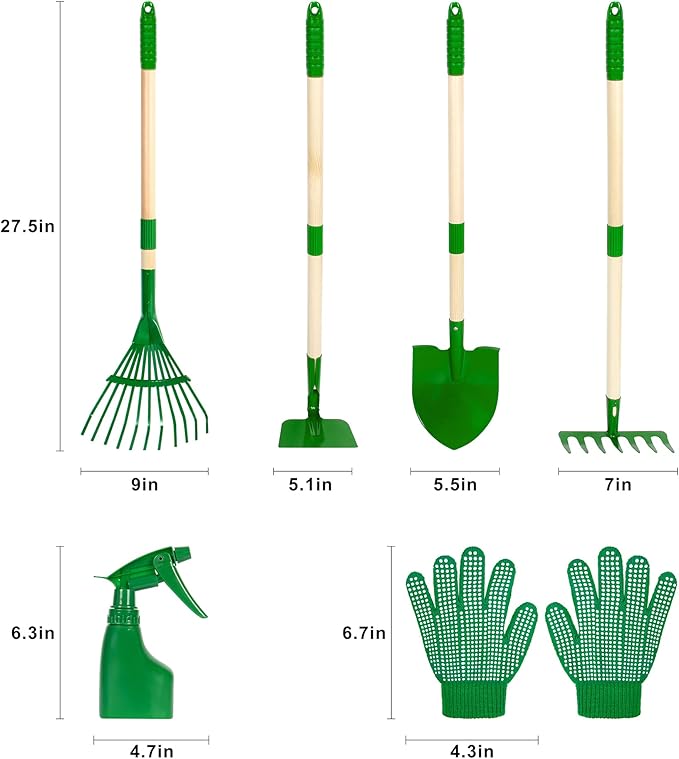 Kids Garden Tool Set with Gloves & Spray Bottle – 7-Piece Heavy Duty Gardening Kit for Children | Real Metal Tools with Wooden Handles (Green)