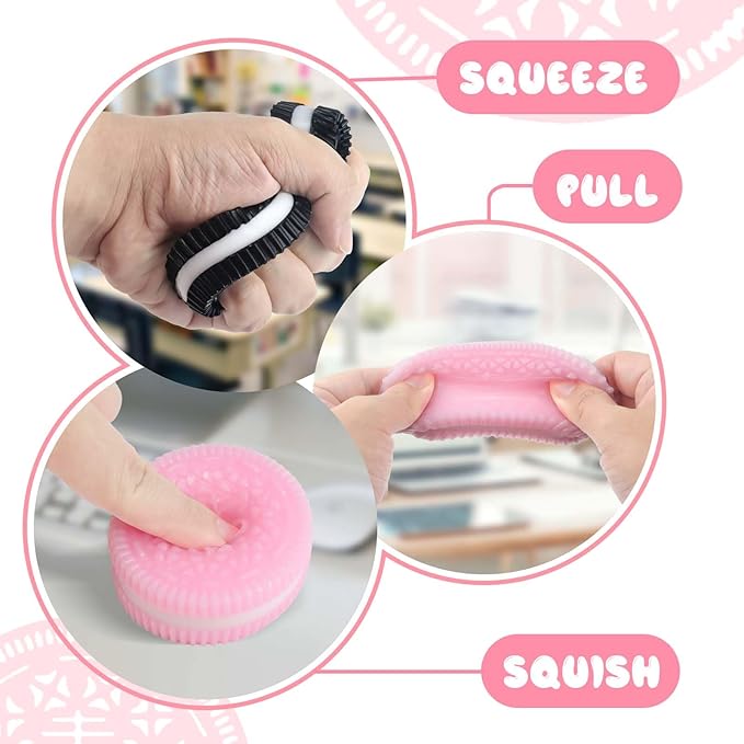 2-Pack Cookie Squishies Fidget Toys – Stress Relief Sensory Squeeze Toys for Kids & Adults | Autism, Anxiety, Birthday Gifts & Party Favors (Pink & Black)
