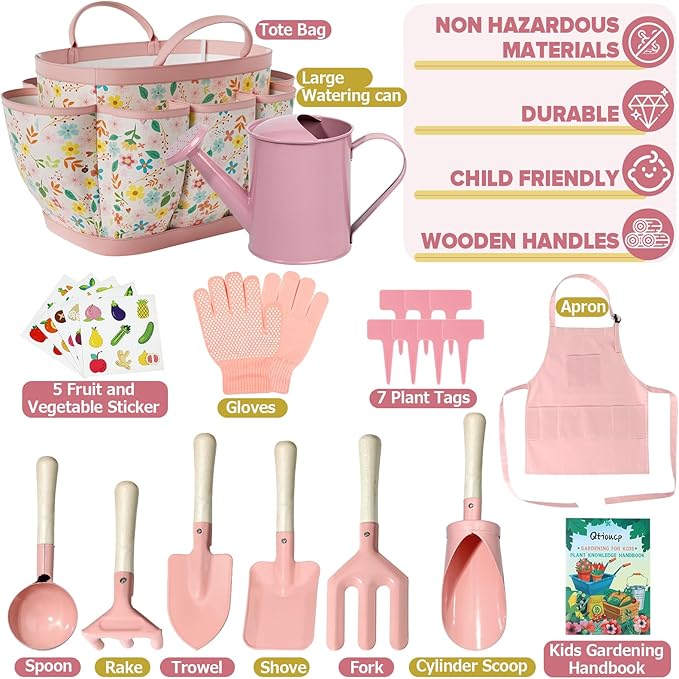 14-Piece Kids Gardening Tool Set with Tote Bag – Pink | STEM Educational Outdoor Garden Toys for Toddlers & Children