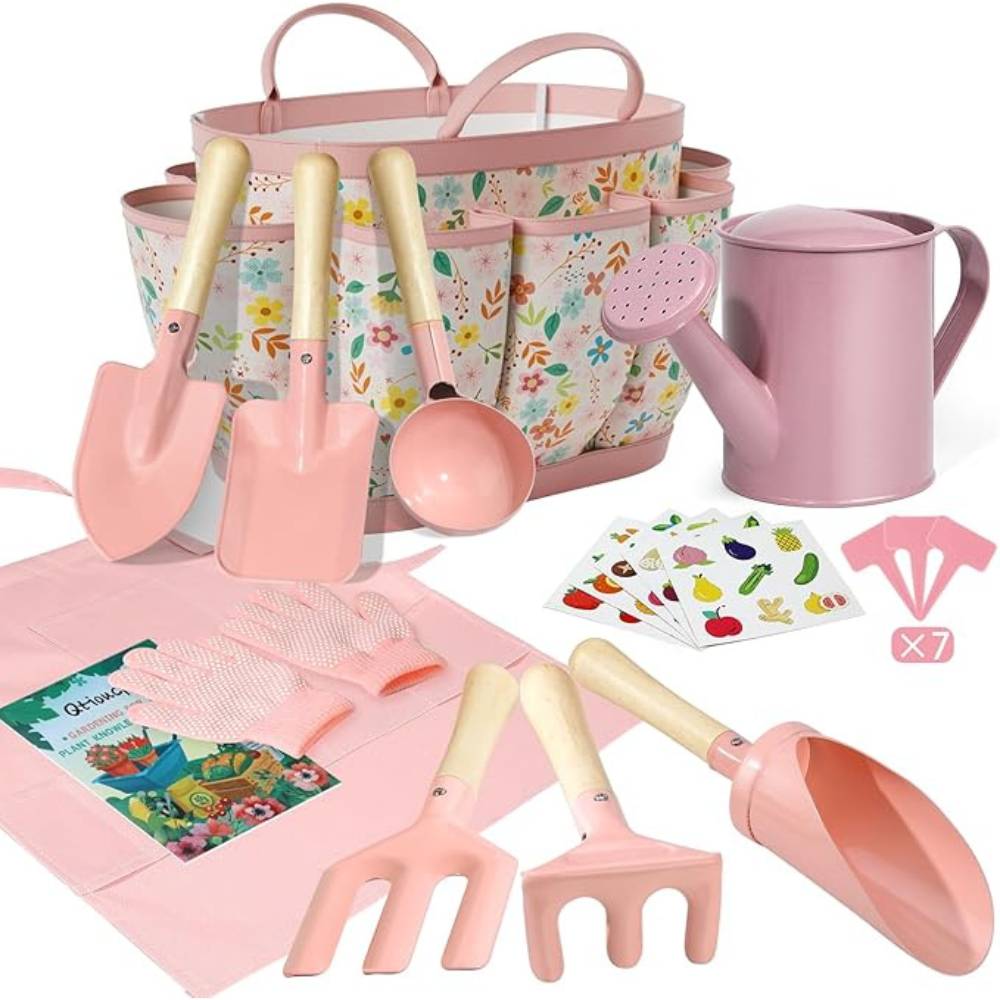 14-Piece Kids Gardening Tool Set with Tote Bag – Pink | STEM Educational Outdoor Garden Toys for Toddlers & Children