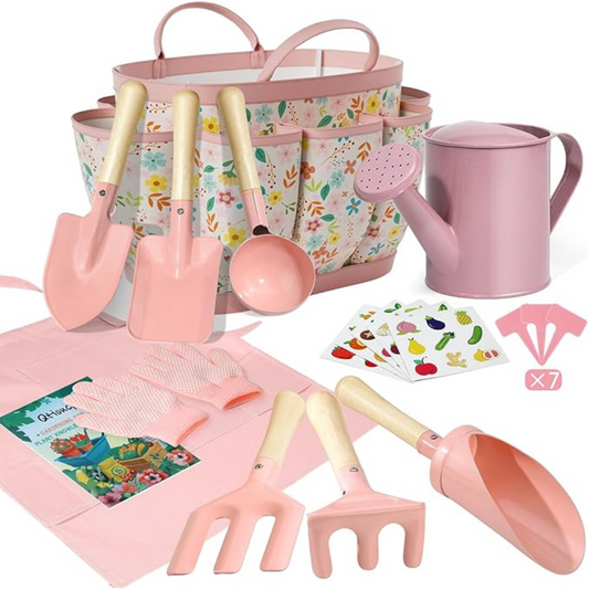 14-Piece Kids Gardening Tool Set with Tote Bag – Pink | STEM Educational Outdoor Garden Toys for Toddlers & Children