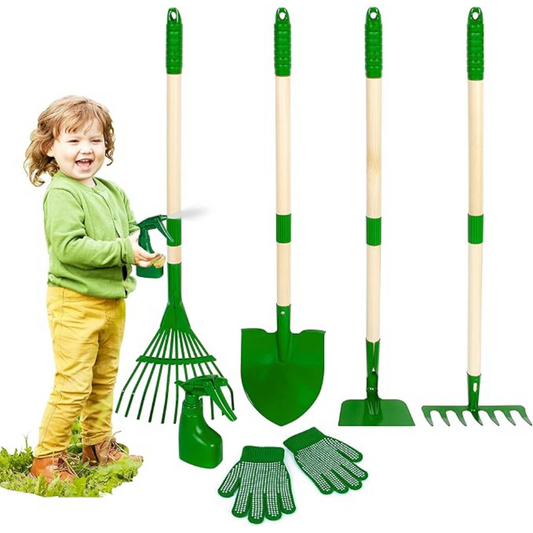Kids Garden Tool Set with Gloves & Spray Bottle – 7-Piece Heavy Duty Gardening Kit for Children | Real Metal Tools with Wooden Handles (Green)