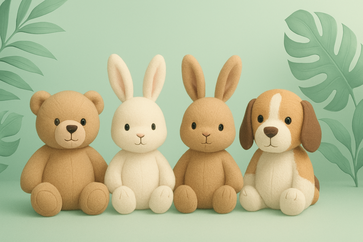A professional, minimalistic digital illustration of plush stuffed animals (teddy bear, white bunny, brown bunny, and beagle dog) arranged in a soft, mint green environment with tropical leaves framing the sides. The background is gradient mint, soft lighting, no text, no branding. Designed for a clean e-commerce website header."